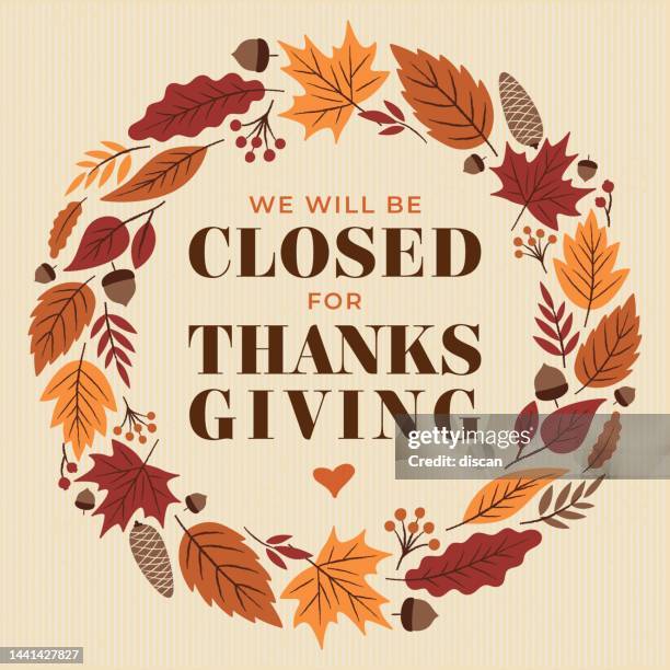 ilustraciones, imágenes clip art, dibujos animados e iconos de stock de acción de gracias, seremos señal cerrada. - thanksgiving holiday