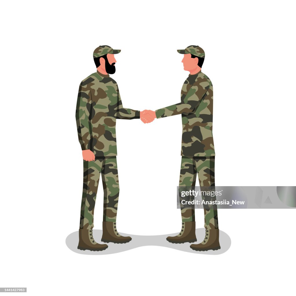 Soldier Handshake Two People In Camouflage Uniforms Conclude A Contract ...
