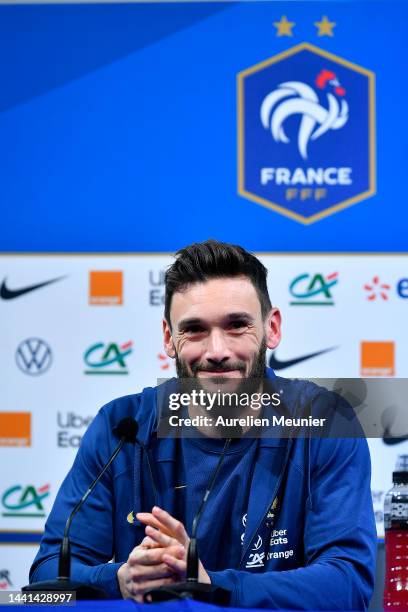 Hugo Lloris of team France answers journalists during a press conference at Centre National Du Football on November 14, 2022 in Clairefontaine,...