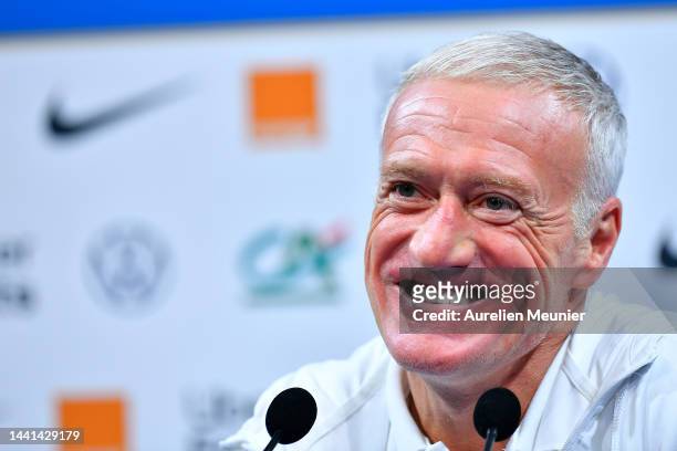 Team France head coach Didier Deschamps answers journalists during a press conference at Centre National Du Football on November 14, 2022 in...