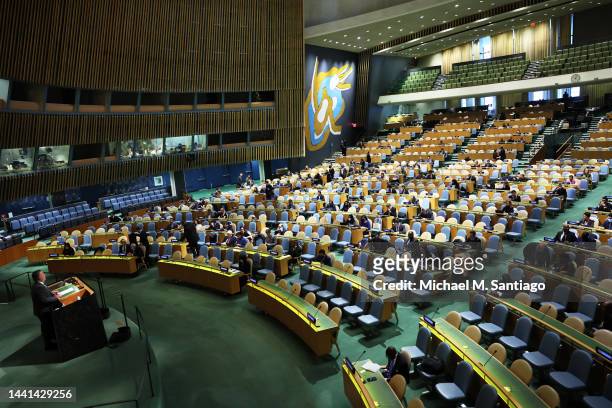 Permanent Representative of Ukraine to the United Nations Sergiy Kyslytsya speaks during a meeting of the General Assembly for a special session in...