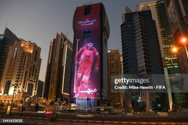 An image of Son Heung-min of South Korea adorns a skyscraper in West Bay ahead of the FIFA World Cup Qatar 2022 on November 14, 2022 in Doha, Qatar.