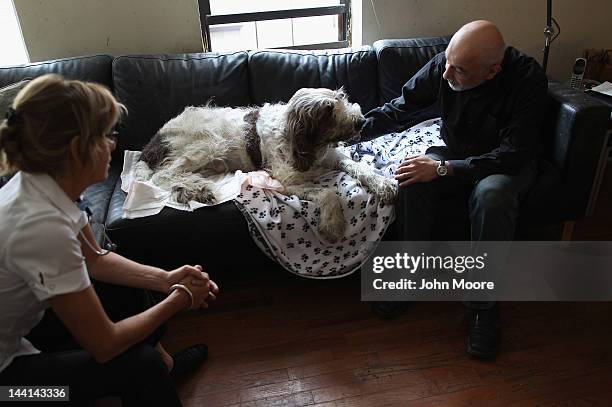 Cris Cristofaro, a New York City artist, spends a few final moments with his 12-year-old Italian Spinone, Dino, as veteranarian Wendy McCulloch...