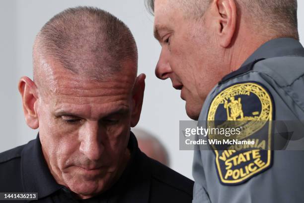 Virginia State Trooper Captain Craig Worsham informs University of Virginia Chief of Police Tim Longo that the suspect in an overnight shooting has...