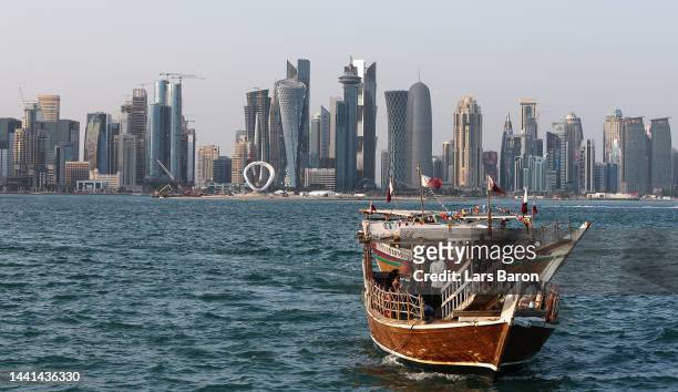 Dhows are seen at Doha Bay with the skyline of the city in the background ahead of the FIFA World Cup Qatar 2022 at on November 14, 2022 in Doha,...