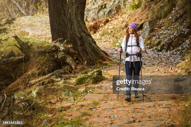 hermosa joven haciendo senderismo en los alpes italianos en otoño - alpes peninos fotografías e imágenes de stock