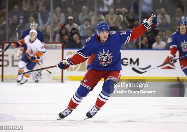 Jimmy Vesey of the New York Rangers skates against the New York Islanders at Madison Square Garden on November 08, 2022 in New York City.