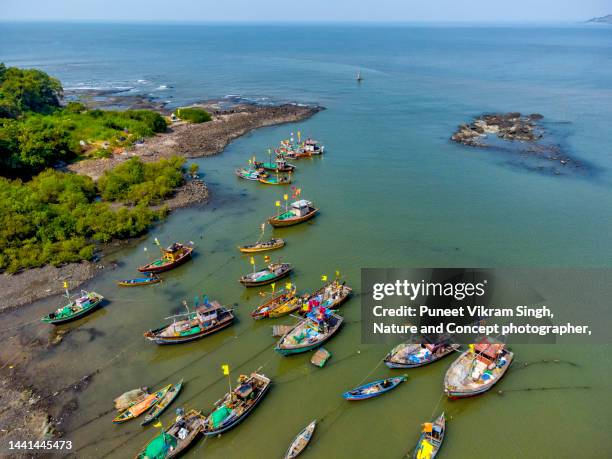 fishing boats docked at the tarabandar jetty near alibaug / alibag in raigad distruct of maharashtra - maharashtra foto e immagini stock