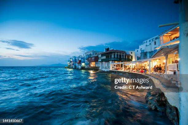 little venice mykonos town - c restaurant in the sky stock pictures, royalty-free photos & images