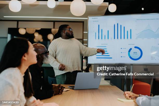 a man gives a presentation using a large television screen / monitor. - gewinn stock-fotos und bilder