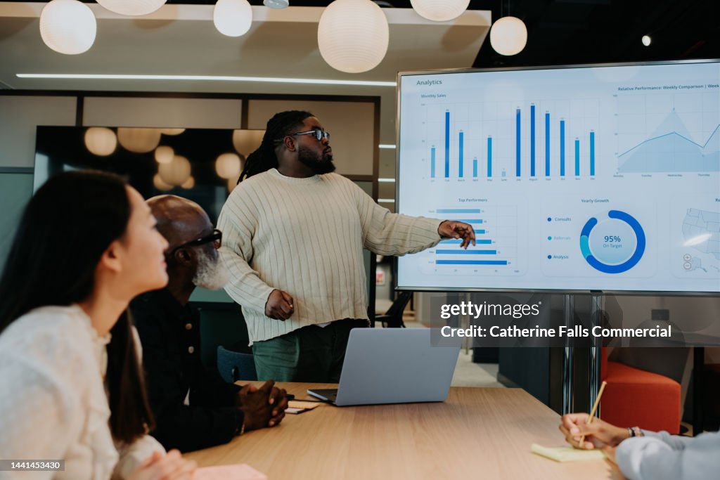 A man gives a presentation using a large television screen / monitor.