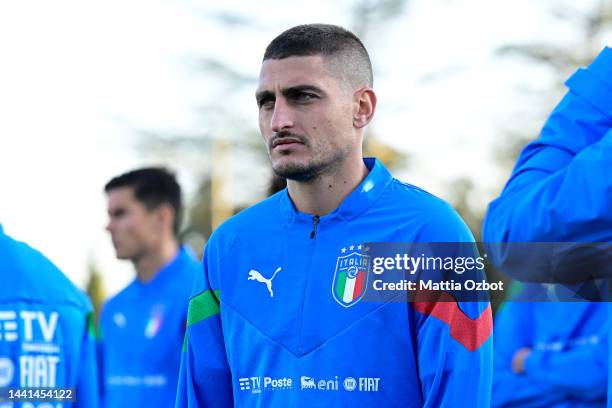 Marco Verratti of Italy looks on during the training session at Centro Tecnico Federale di Coverciano on November 14, 2022 in Florence, Italy.