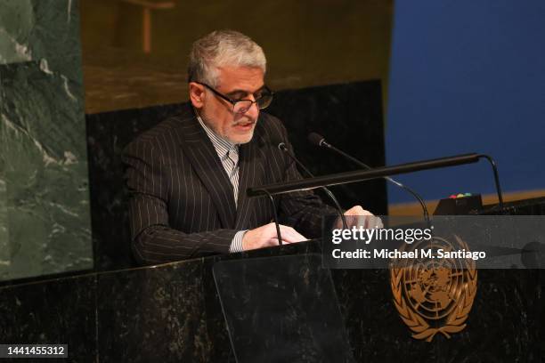 Permanent Representative of Iran to the United Nations Amir Saeid Iravani speaks during a meeting of the General Assembly for a special session in...