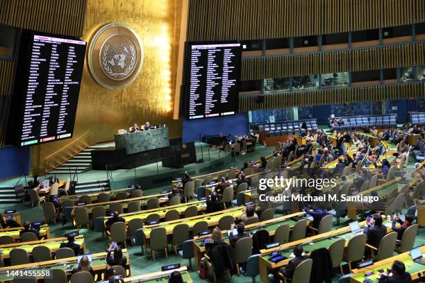 Members of the General Assembly vote on a draft resolution during a special session in the General Assembly Hall at United Nations Headquarters on...