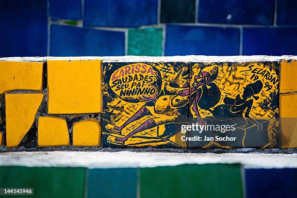 View of a hand painted tile on Selaron's Stairs , a mosaic staircase made of colorful tiles, in Rio de Janeiro, Brazil, 12 February 2012....
