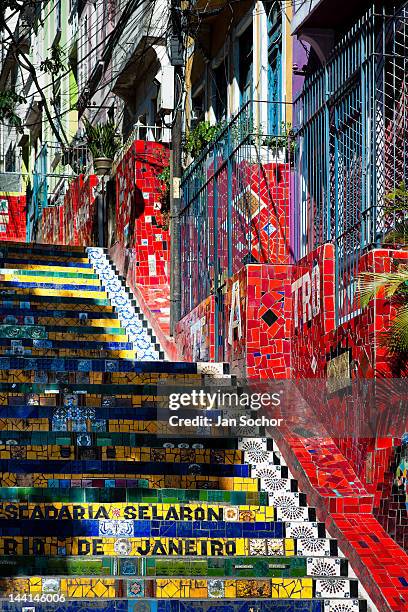 View of Selaron's Stairs , a mosaic staircase made of colorful tiles, in Rio de Janeiro, Brazil, 15 February 2012. World-famous staircase, mostly...