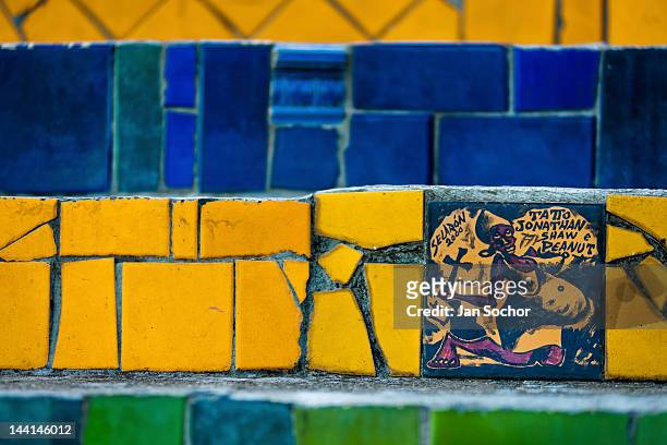 View of a hand painted tile on Selaron's Stairs , a colorful mosaic tile stairway, on February 12, 2012 in Rio de Janeiro, Brazil. World famous...