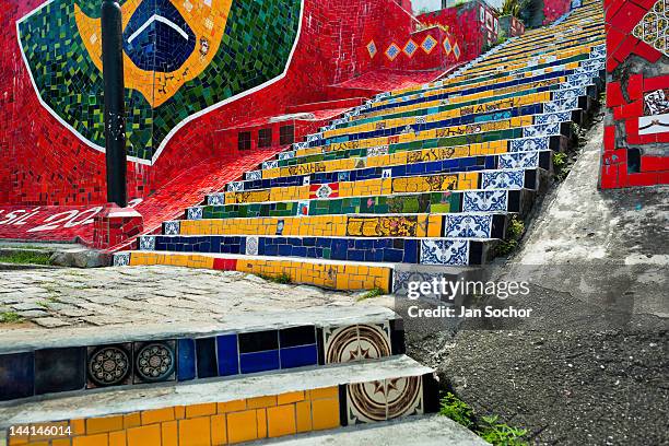 View of Selaron's Stairs , a colorful mosaic tile stairway, on February 12, 2012 in Rio de Janeiro, Brazil. World famous staircase, mostly covered by...