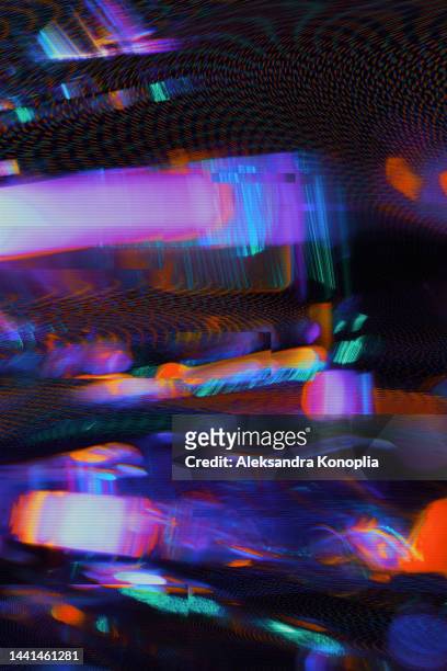 distorted textured futuristic motion glitch interlaced multicolored background - vertical tv stock pictures, royalty-free photos & images