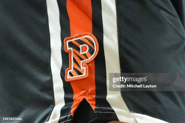 The Princeton Tigers logo on a pair of shorts during the Veterans Classic college basketball game against the Navy Midshipmen at Alumni Hall on...