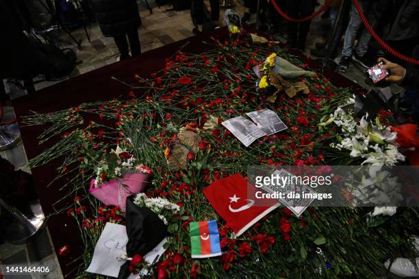 After the bomb attack on Istiklal Street on 13 November, the whole street is seen decorated with Turkish flags and wreaths on November 14, 2022 in...