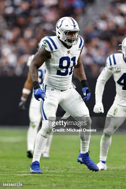 Yannick Ngakoue of the Indianapolis Colts lines up during an NFL game between the Las Vegas Raiders and the Indianapolis Colts at Allegiant Stadium...