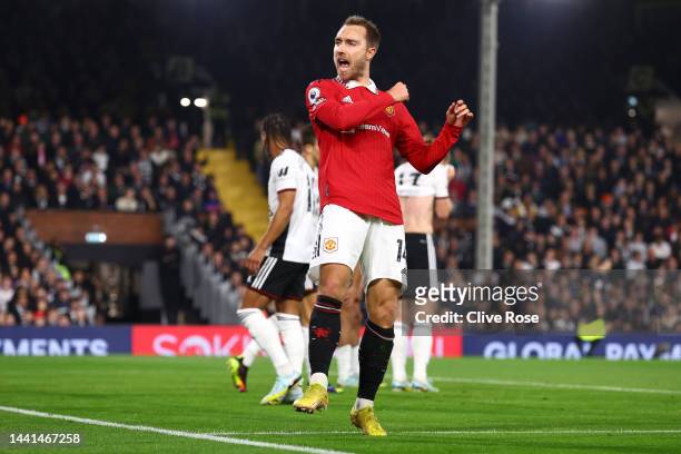Christian Eriksen of Manchester United celebrates after scoring their team's first goal during the Premier League match between Fulham FC and...
