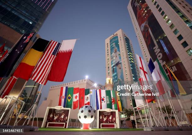 Images of Harry Kane of England and Virgil van Dijk of Netherlands are seen on sky skrapers in the West Bay area ahead of the FIFA World Cup Qatar...