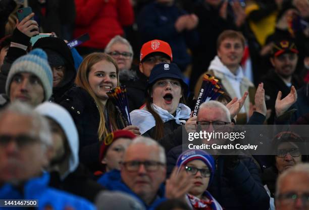 Spectators react in the crowd during the Women's Rugby League World Cup Semi-Final match between England and New Zealand at LNER Community Stadium on...
