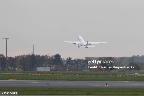 The Lufthansa Airbus A330 D-AIKQ with the Germany national soccer team takes off as the team departs for a pre World Cup training camp in Oman at...