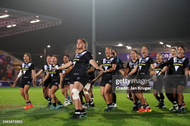 Players of New Zealand perform the Haka ahead of the Women's Rugby League World Cup Semi-Final match between England and New Zealand at LNER...