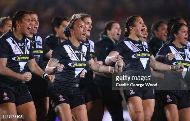 Players of New Zealand perform the Haka ahead of the Women's Rugby League World Cup Semi-Final match between England and New Zealand at LNER...