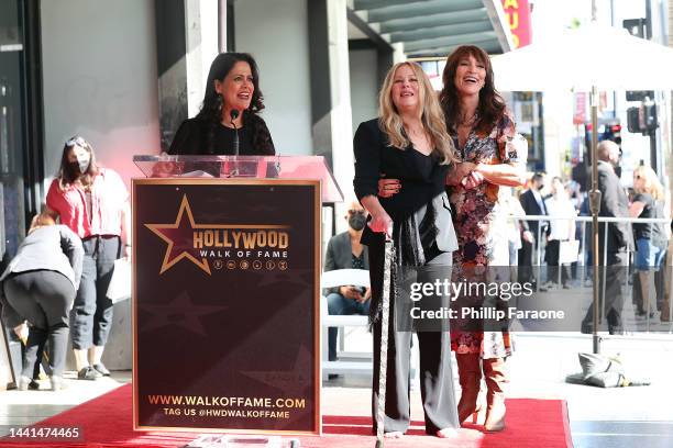 Chair of the Hollywood Chamber of Commerce Lupita Sanchez Cornejo, Christina Applegate, and Katey Sagal speak onstage during the Hollywood Walk of...