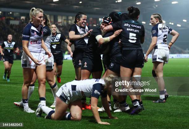 Otesa Pule of New Zealand celebrates their sides third try during the Women's Rugby League World Cup Semi-Final match between England and New Zealand...