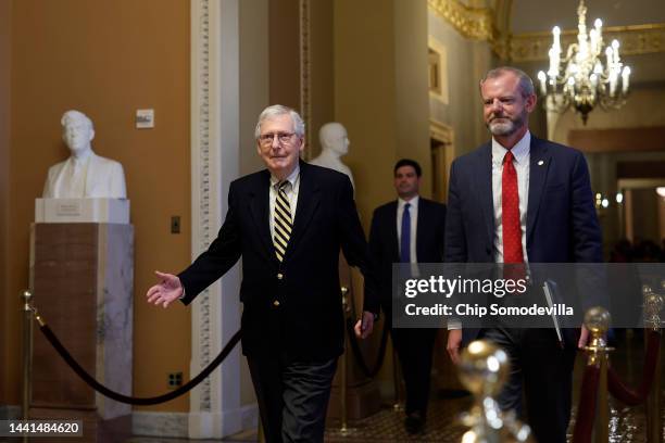 Senate Minority Leader Mitch McConnell walks to the Senate chamber from his office in the U.S. Capitol on November 14, 2022 in Washington, DC....