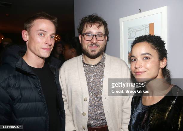 Edmund Donovan, Will Arbery and Juliana Canfield pose at the opening night after party for The New Group's production of "Evanston Salt Costs...