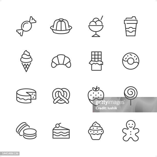 ilustraciones, imágenes clip art, dibujos animados e iconos de stock de sweet food - conjunto de iconos de línea pixel perfect, peso de trazo editable. - galleta dulces