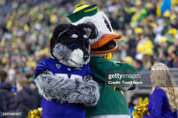 Puddles the mascot of the Oregon Ducks cheers against the Washington Huskies at Autzen Stadium on November 12, 2022 in Eugene, Oregon.