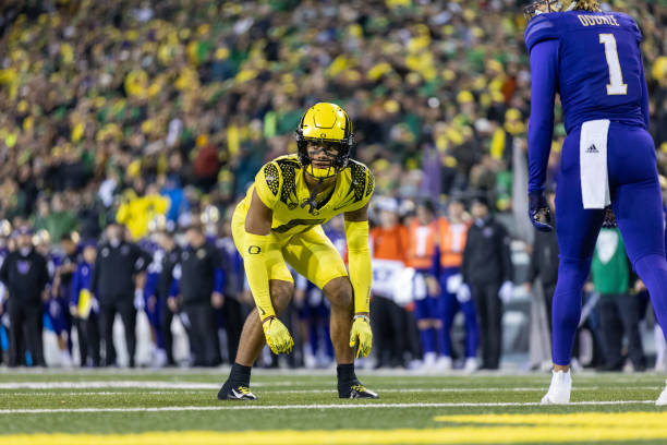 Defensive back Christian Gonzalez of the Oregon Ducks stands on the field against the Washington Huskies at Autzen Stadium on November 12, 2022