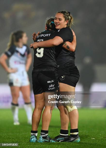 Krystal Rota and Mya Hill-Moana of New Zealand celebrate following the Women's Rugby League World Cup Semi-Final match between England and New...