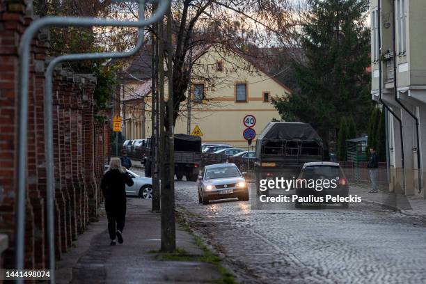 Polish army vehicles seen in street of Goldap which is about 2km from the Polish border with Russian exclave Kaliningrad on November 14, 2022 in...
