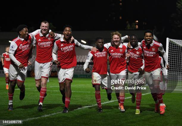 Jack Henry-Francis celebrates scoring Arsenal's 2nd goal with his team mates Myles Lewis-Skelly, Taylor Foran, Reuell Walters, Nathan Butler-Oyedeji,...