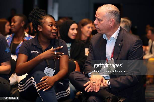 Prince Faisal Bin Al Hussein of Jordan speaks with Shedaine Henry during a workshop during the 8th IWG World Conference on Women & Sport at Aotea...