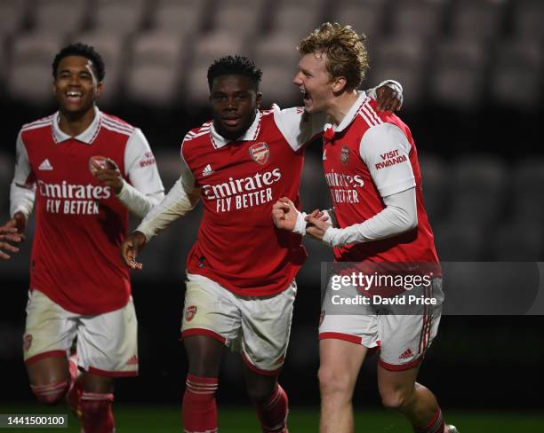 Jack Henry-Francis celebrates scoring Arsenal's 2nd goal with Nathan Butler-Oyedeji during the Premier League International Cup match between Arsenal...