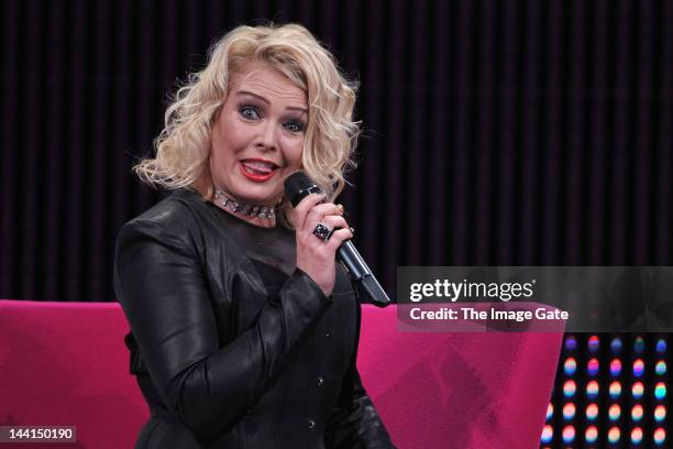 Kim Wilde grimaces as she delivers a speech during the Rose d'Or television festival award ceremony held at the KKL on May 10, 2012 in Lucerne,...