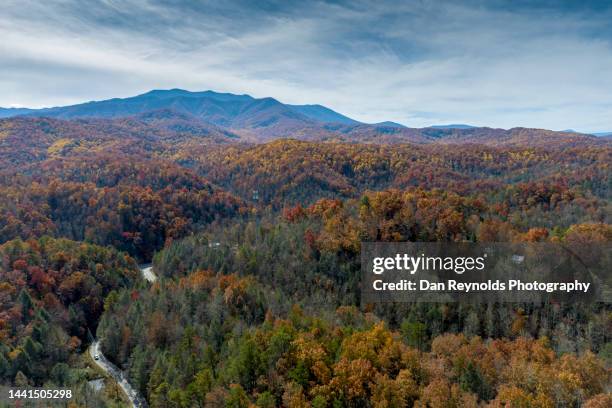 aerial landscape of mountains against autumn colors - グレートスモーキー山脈 ストックフォトと画像