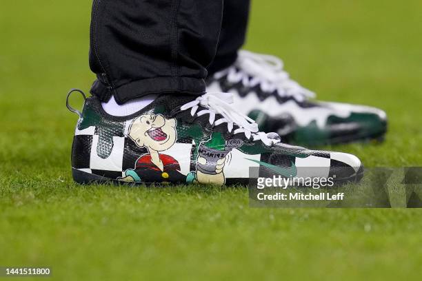 Detail view of the cleats of Darius Slay of the Philadelphia Eagles prior to the game against the Washington Commanders at Lincoln Financial Field on...