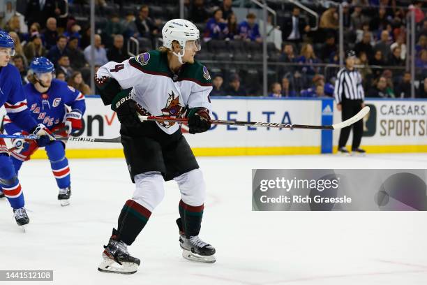 Juuso Valimaki of the Arizona Coyotes skates during the game against the New York Rangers on November 13, 2022 at Madison Square Garden in New York,...