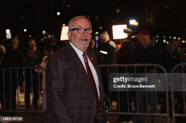 John Shannon walks the red carpet at Meridian Hall prior to the Hockey Hall Of Fame Induction Ceremony on November 14, 2022 in Toronto, Ontario,...