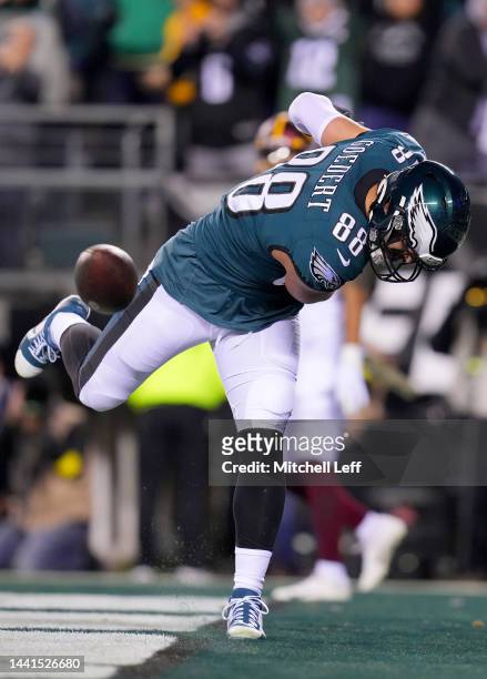 Dallas Goedert of the Philadelphia Eagles celebrates after scoring a touchdown against the Washington Commanders during the first quarter in the game...